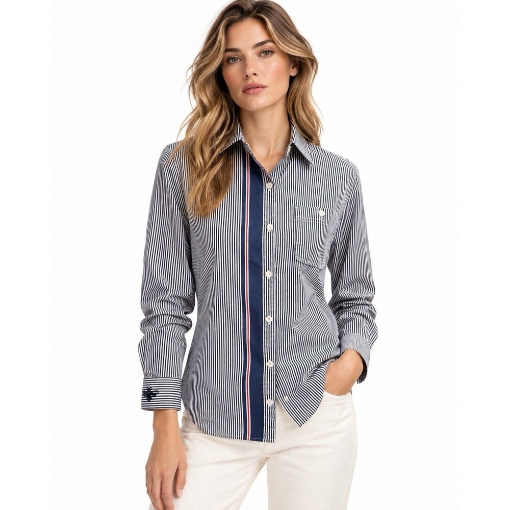 Anthropologie Women’s Size 2 Navy White Striped Cotton Button Down Bee Cuff